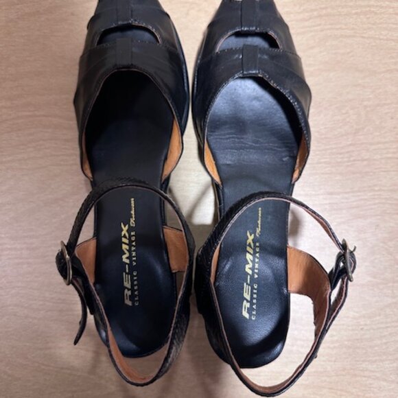 Re-mix Pleated Toe Vintage Style Black Leather Sandal Wedge Peep Toe - Picture 4 of 12